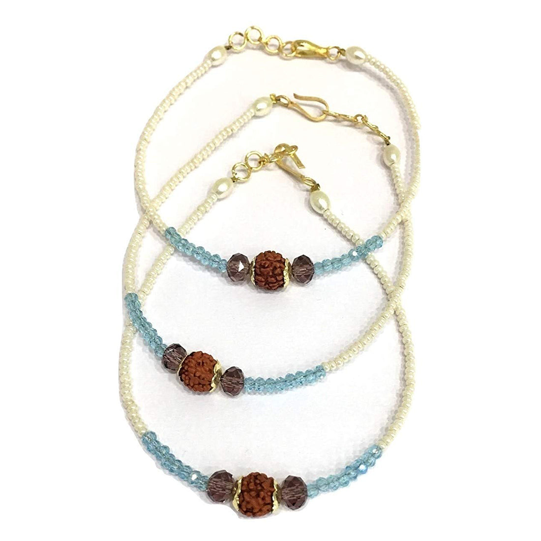 image for (Set of 3) Rudraksha Designer Rakhi with Grey Blue Crystal Beads & Pearls Adjustable Rakhi for Brother