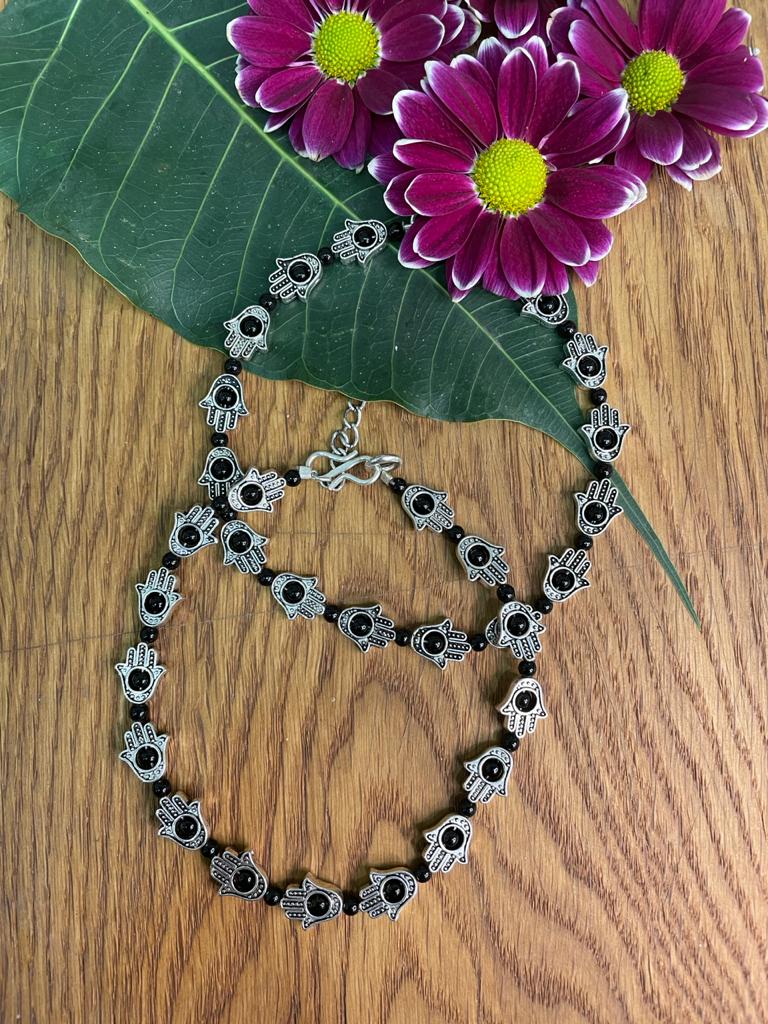 image for German Oxidised Silver Anklets Ethnic Black Hamsa Beads Payal Silver Plating Paijan Foot Jewellery