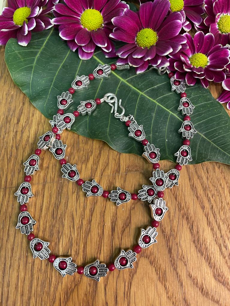 image for Antique German Oxidised Silver Anklets Hamsa Red beads Payal Silver Plating Pazeb Foot Jewellery