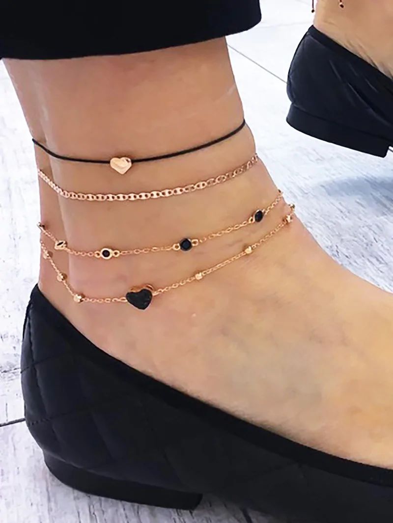 image for 4pcs/set Gold Heart Chain Black Thread Anklet