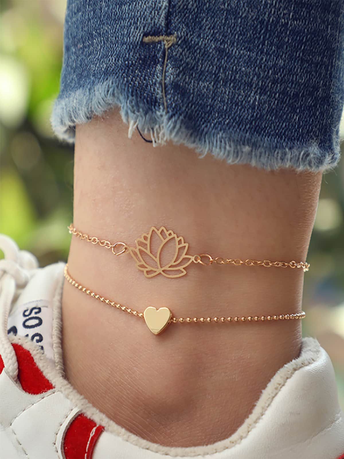 image for 2pcs/set Gold Lotus & Heart Chain Anklet