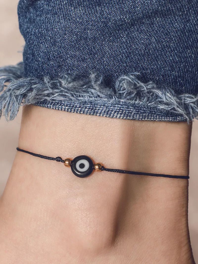 image for Black Evil Eye Bead Thread Boho Handmade Anklet