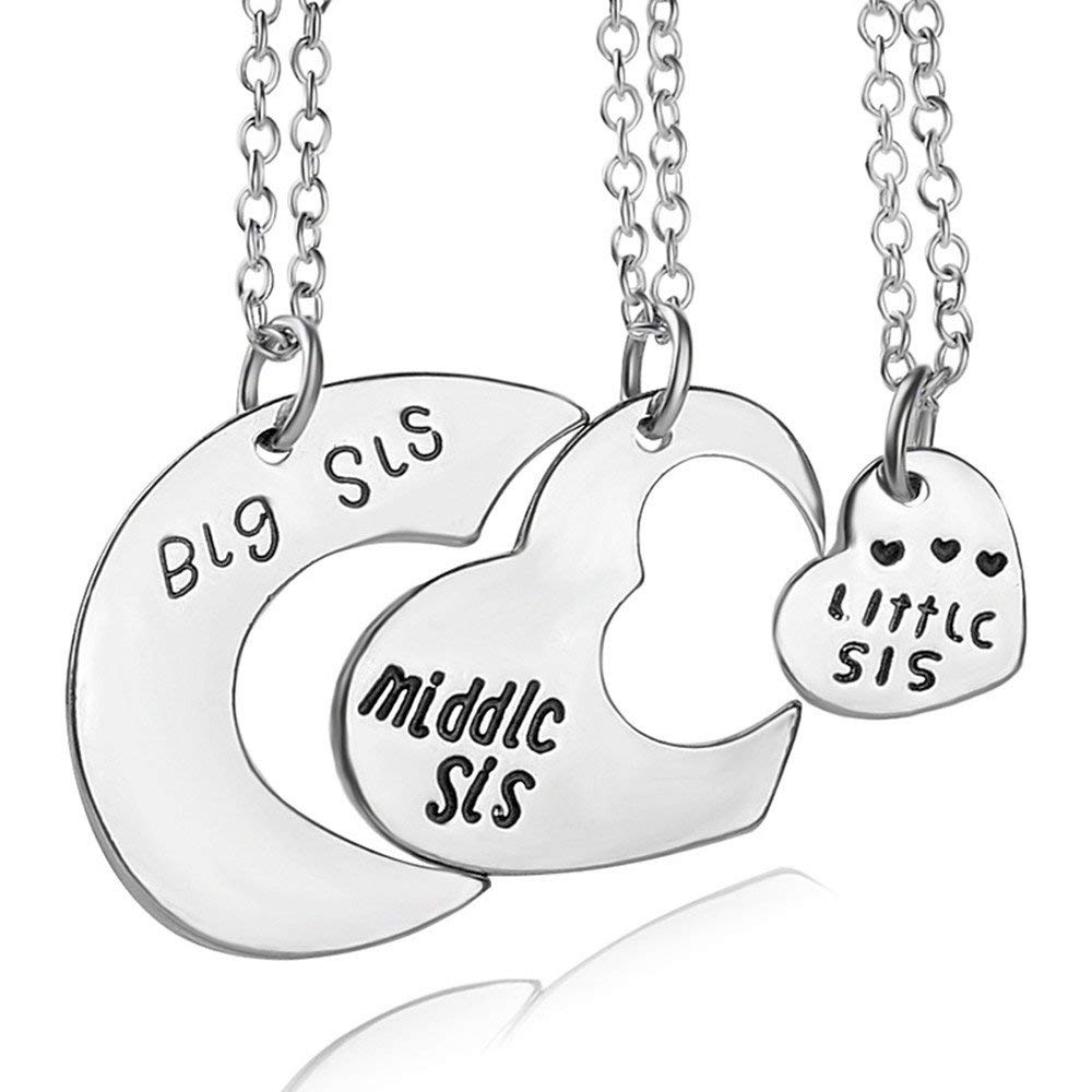 image for 3 Pcs/Set Big Middle Little Sis Heart Moon Pendant Chain Necklace