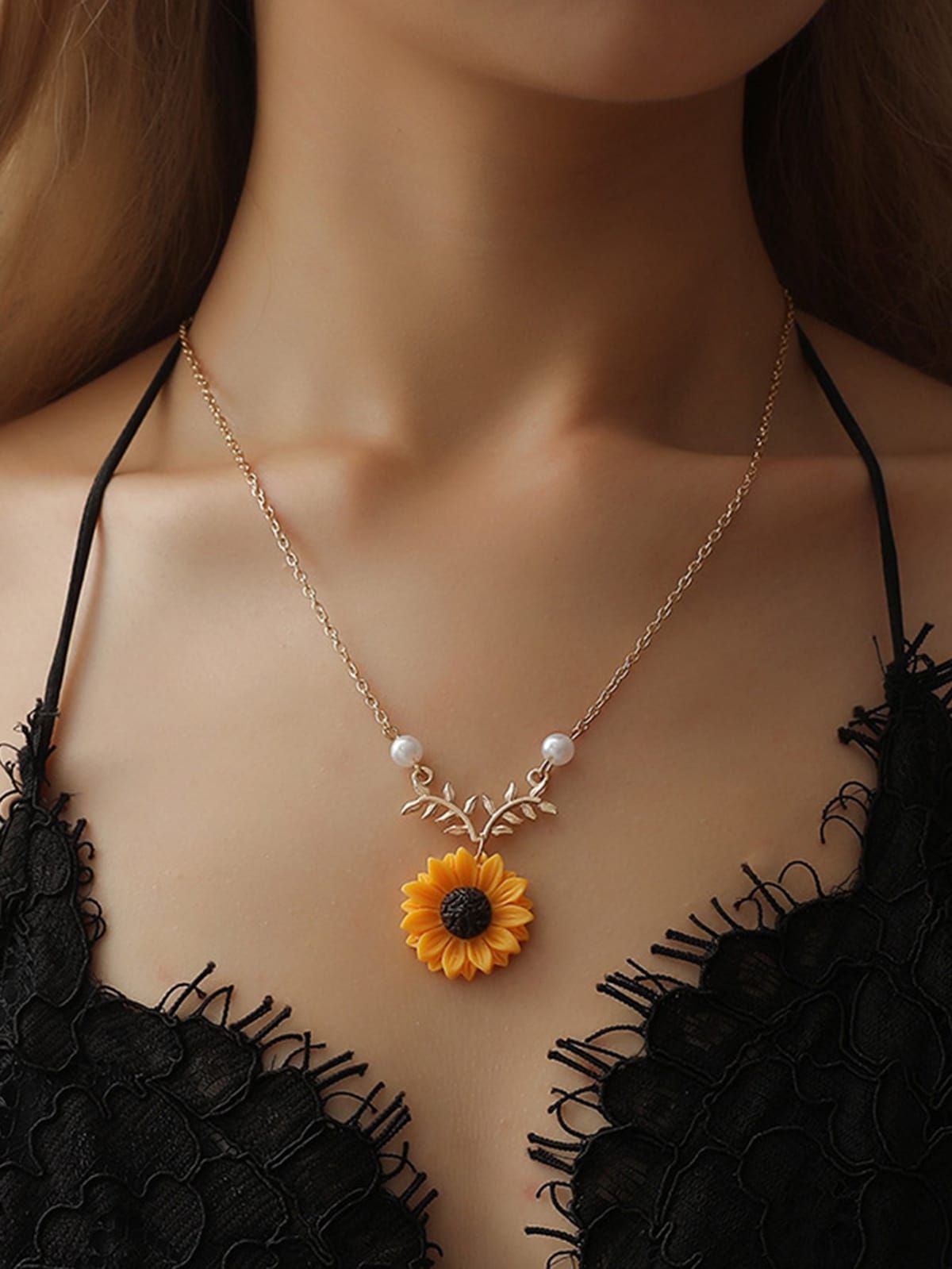 image for Sunflower Pearl Leaf Pendant Chain Necklace