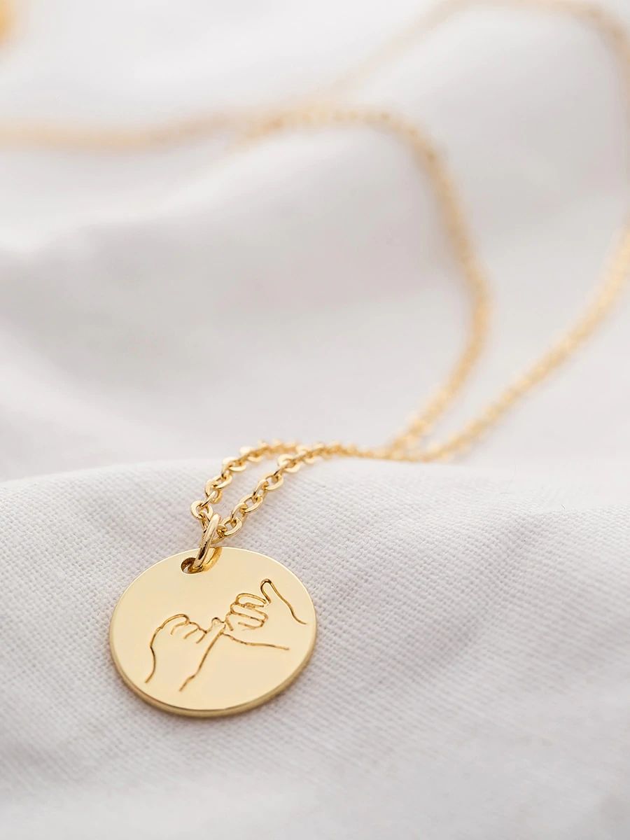 image for Gold Pinky Promise Hand Engraved Round Pendant Necklace