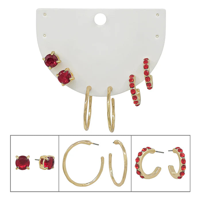 Set of 3 Red Crystal Study and Hoop Earrings