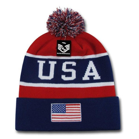 USA Flag Beanies American Team Colors Winter Olympics Patriotic Knit Pom Pom