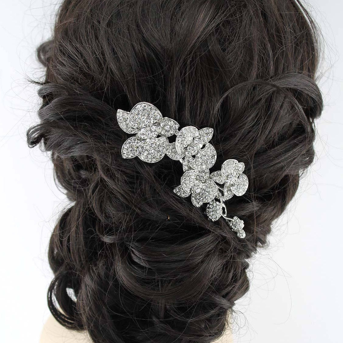 Crystal Flower Long Comb Silver Rhinestone Bridal Hair Accessories