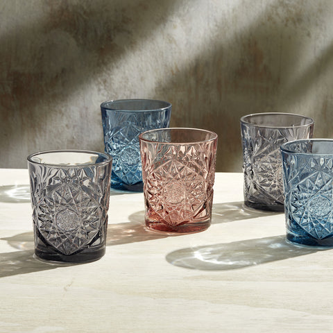 Libbey Hobstar collection, appearing in blue, rose, and smoke