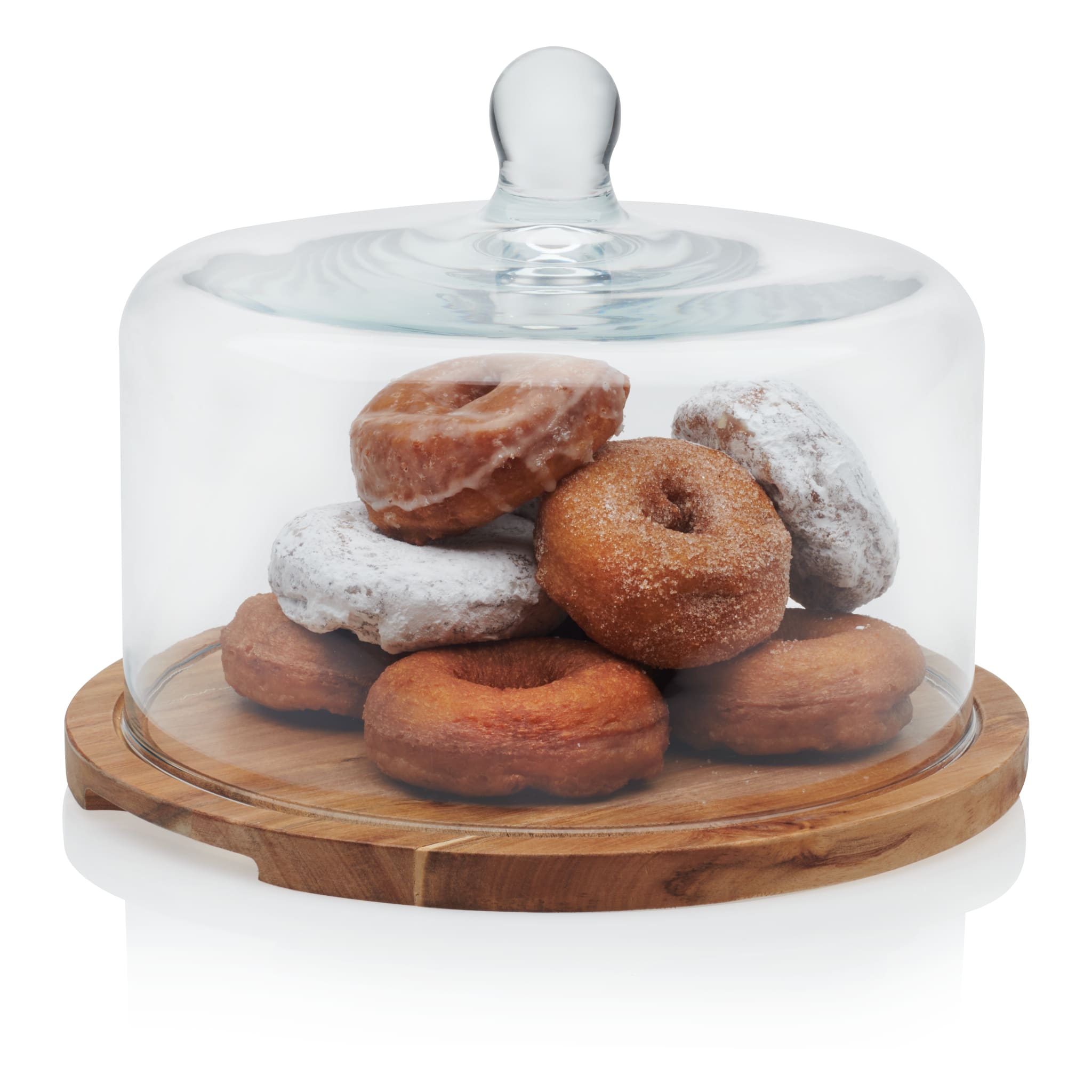 Libbey Acaciawood Flat Round Wood Server Cake Stand with Glass Dome - Libbey Shop product image