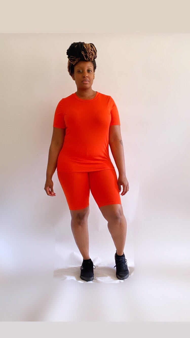 orange biker short set