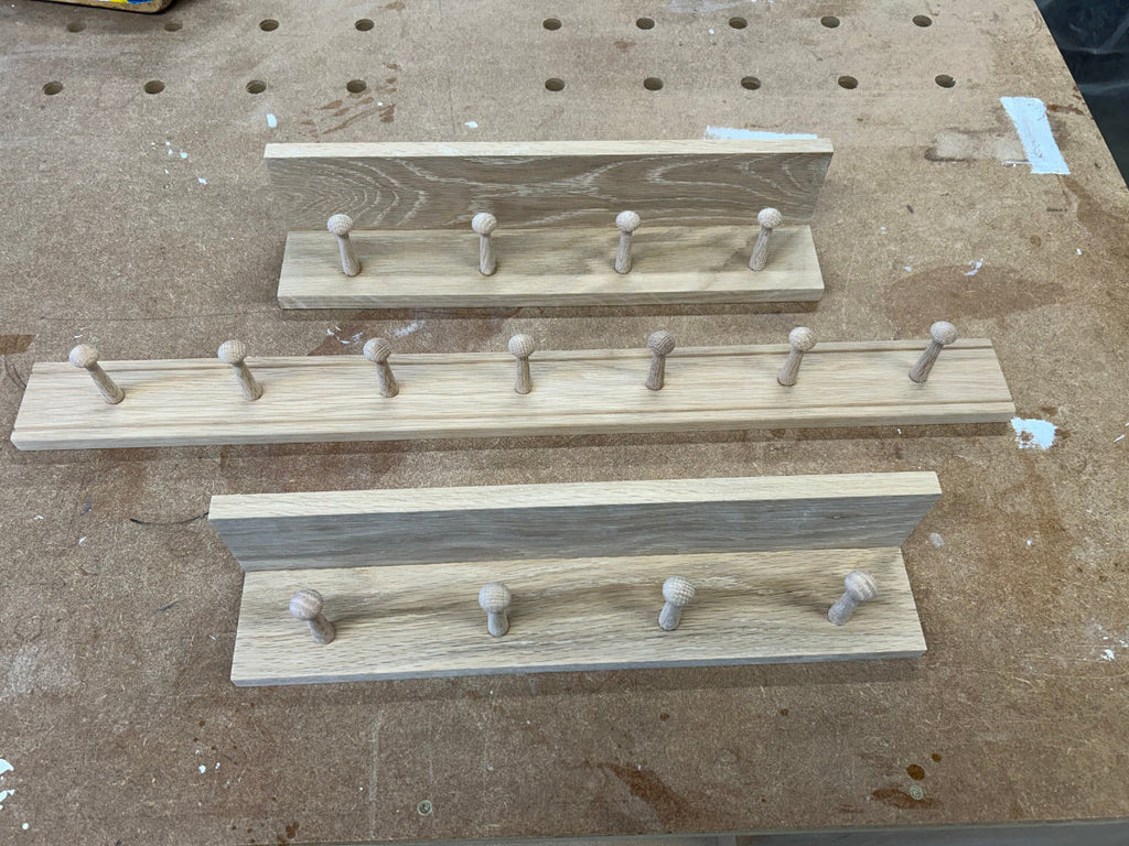 unfinished oak peg rail and peg shelf