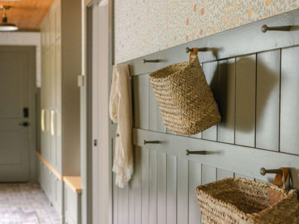 peg rail wall for farmhouse mudroom