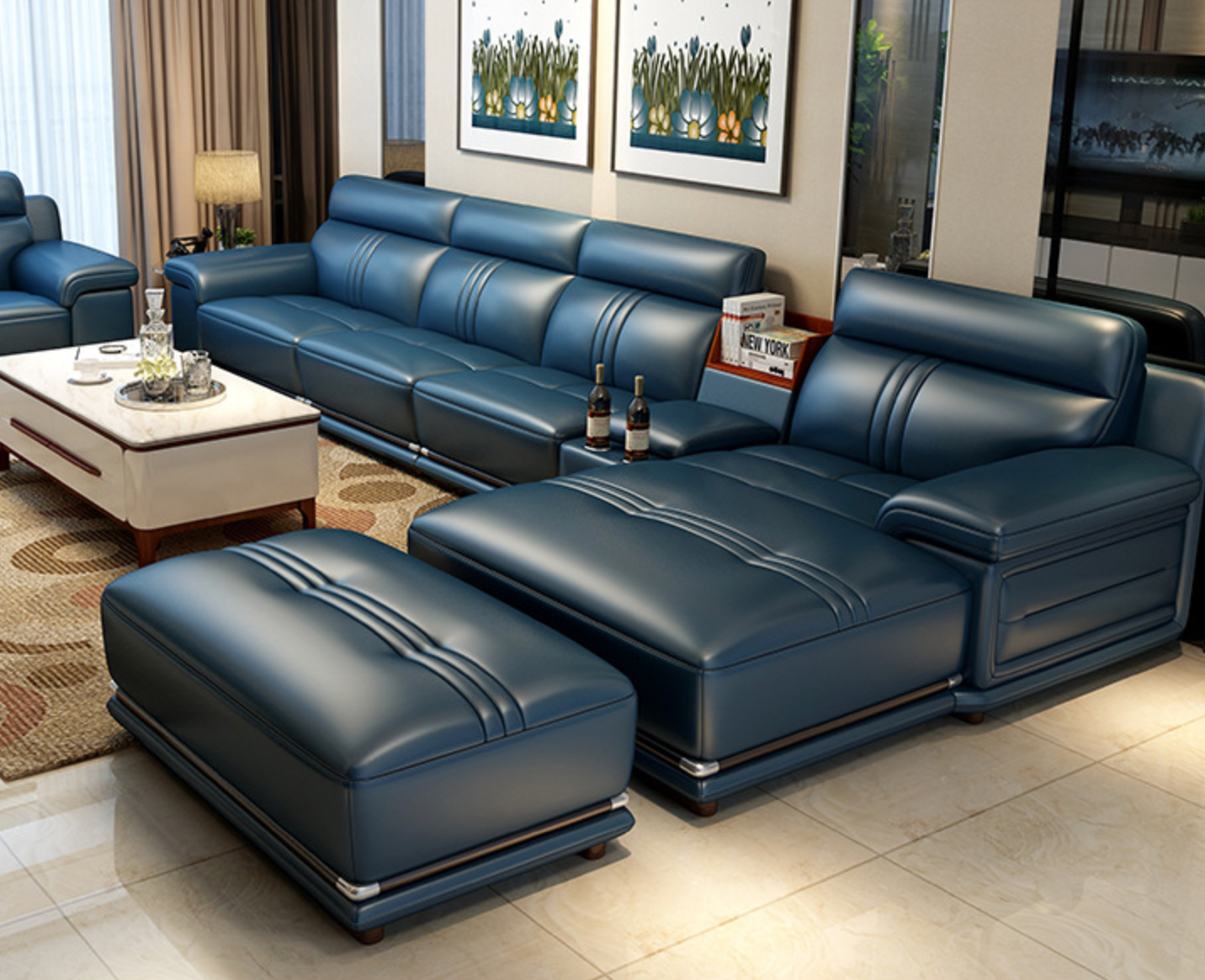 blue leather couch and chair