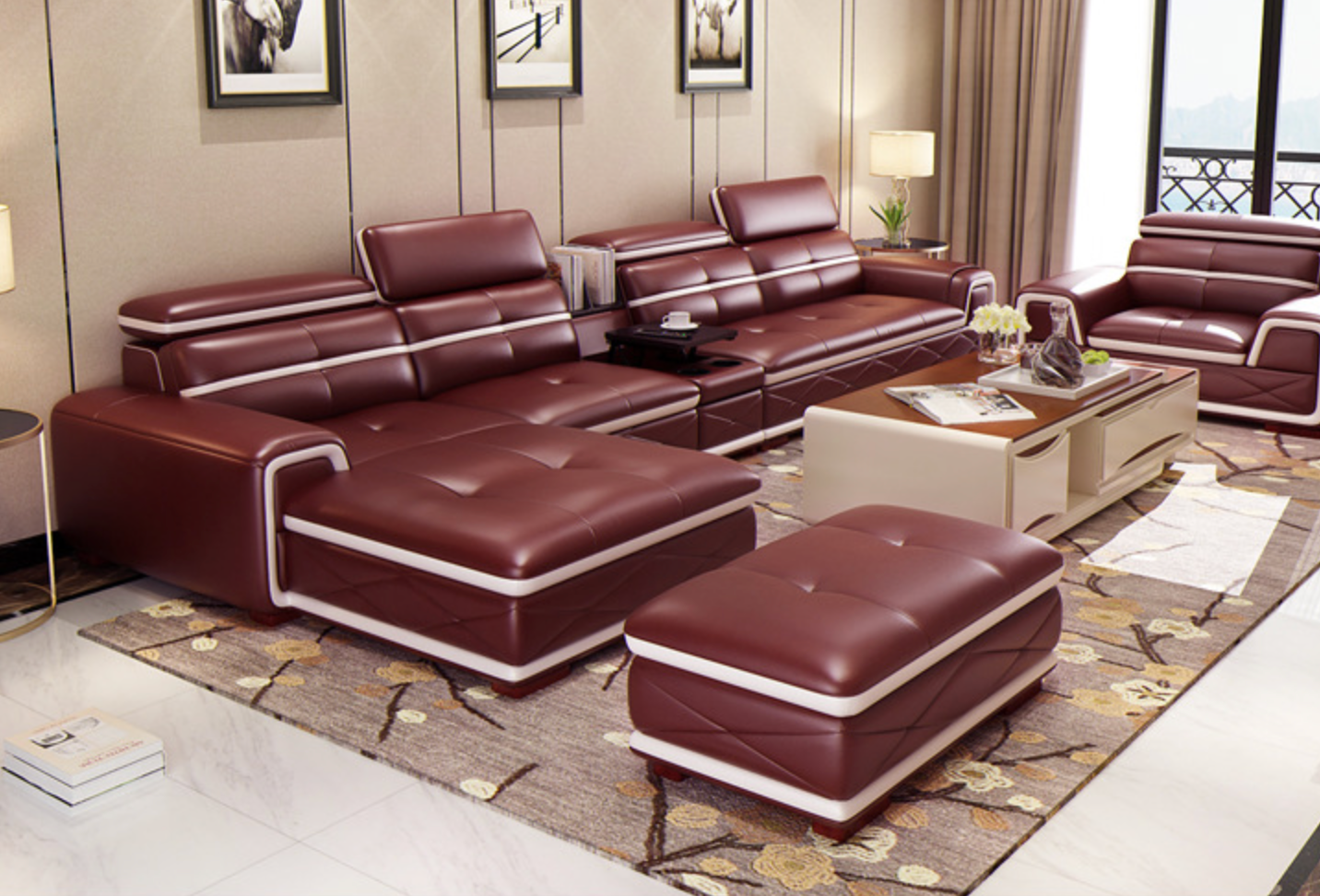 living room with maroon sofa leather