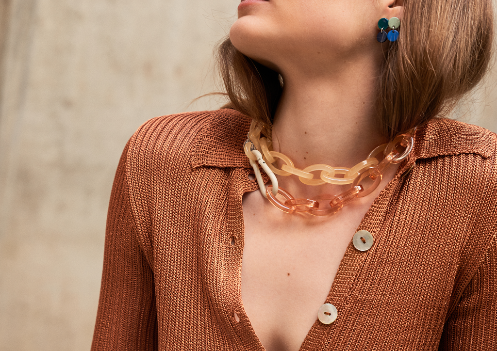 Bianca Mavrick Jewellery Necklace on Model in Brown Top