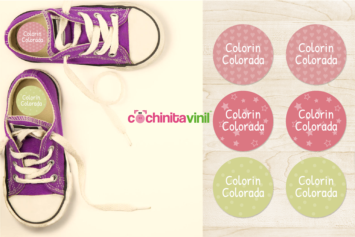 Etiquetas personalizadas con adhesivo para zapatos de niño y niña: Cochinita Vinil