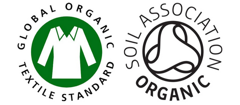 Image of the GOTS (Global Organic Textile Standard) logo and Soil Association logos which are internationally recognised organic accreditations which VELOKIND garments are manufactured in line with.