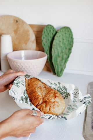 loaf of bread wrapped in a reusable beeswax wrap