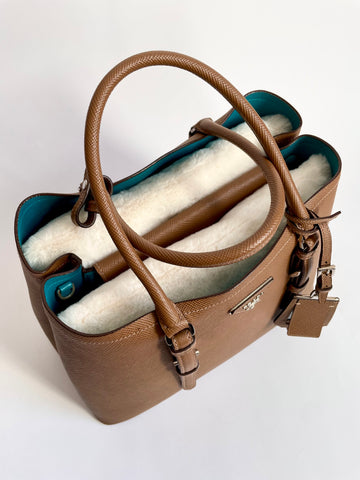 cream faux fur bagpad handbag shapers in Prada bag