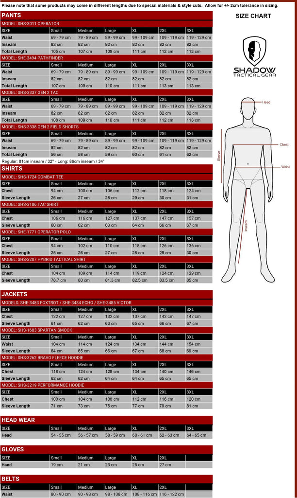 shadow tactical gear size chart