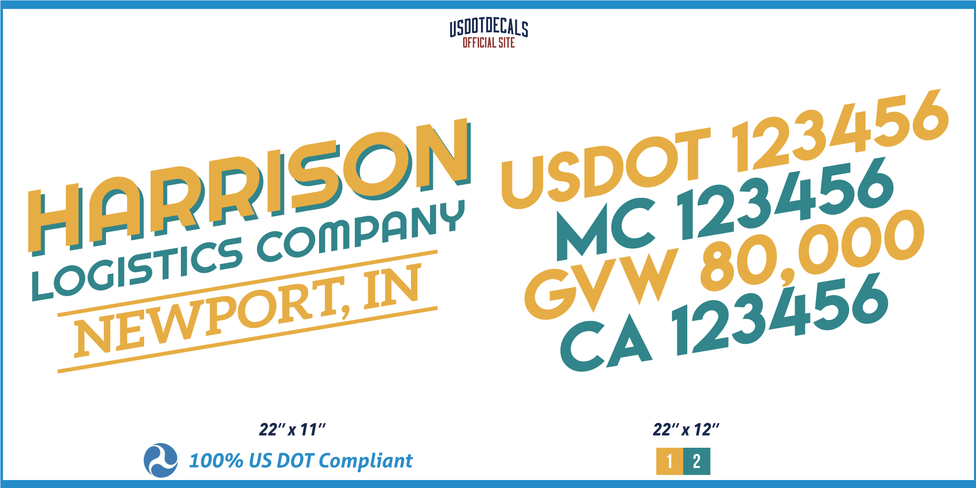 Company Name 2 Lines + 5 Location Or Regulation Numbers Truck Lettering Decal (USDOT, MC, GVW, CA), 2 Pack