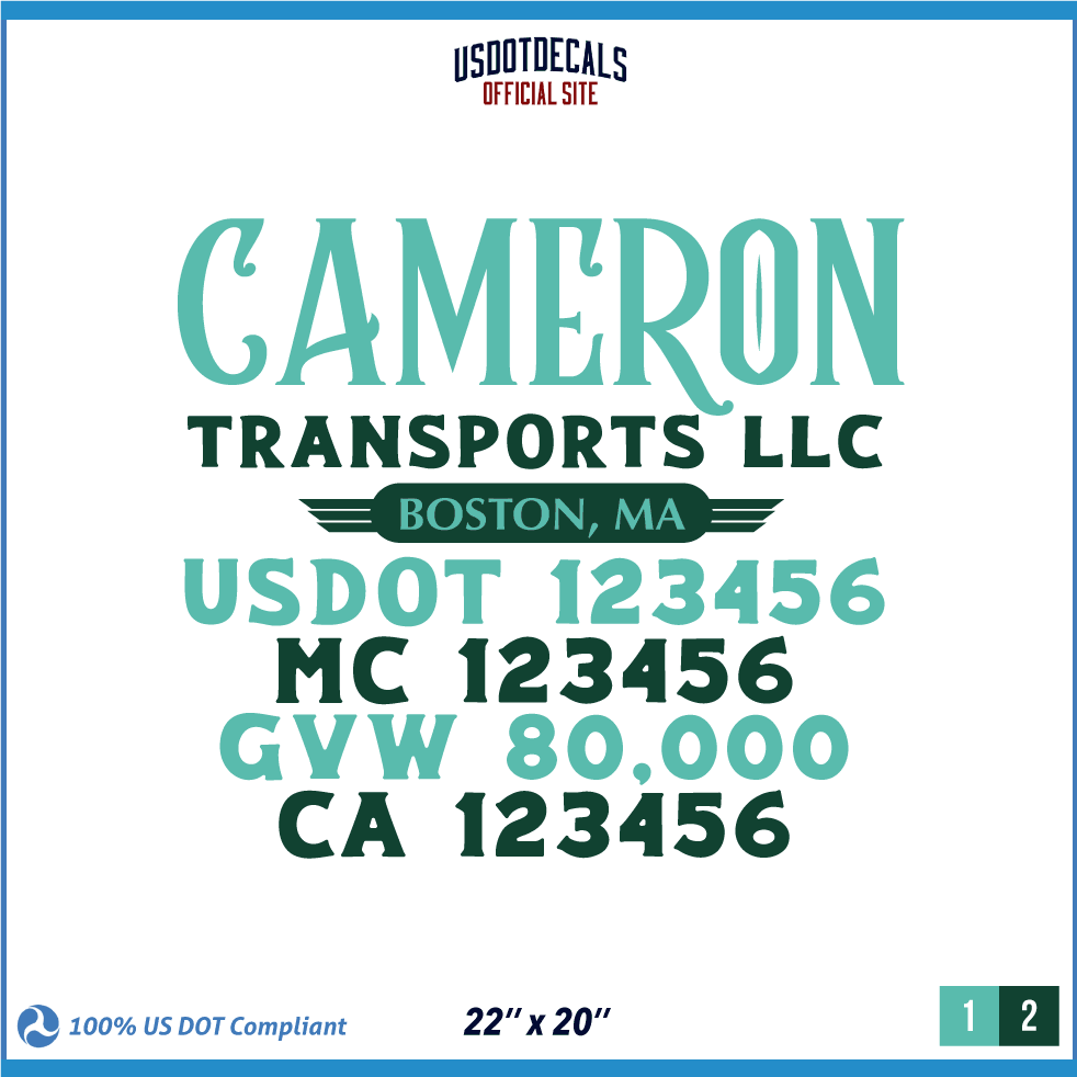Company Name 2 Lines + 5 Location Or Regulation Numbers Truck Lettering Decal (USDOT, MC, GVW, CA), 2 Pack