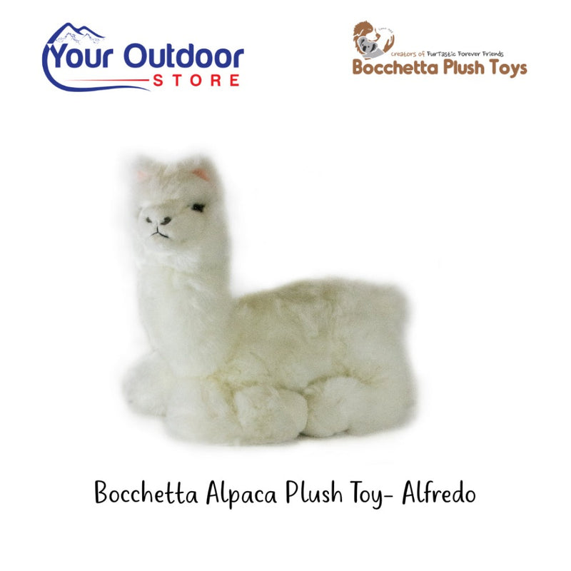 White | Bocchetta Lying Alpaca Plush Toy - Alfredo. Hero image with logo and title