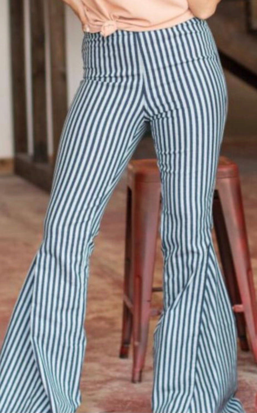 blue and white striped flare pants