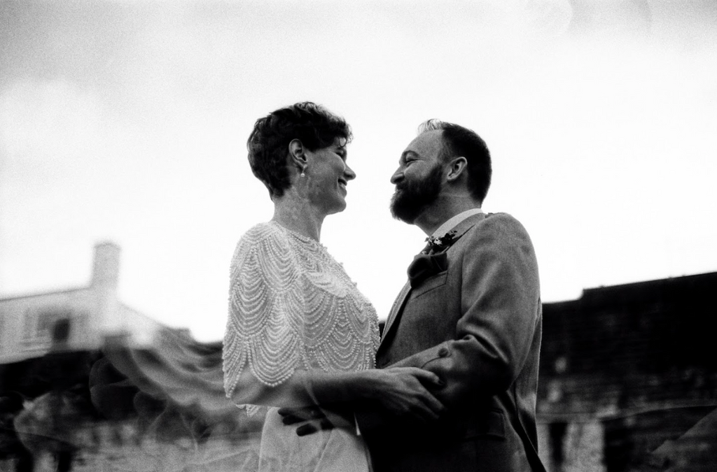 Double exposure photograph on film at a wedding