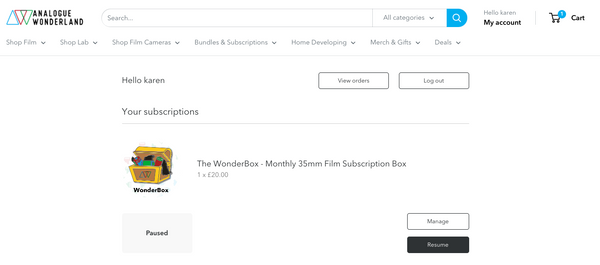 wonderbox subscription account page