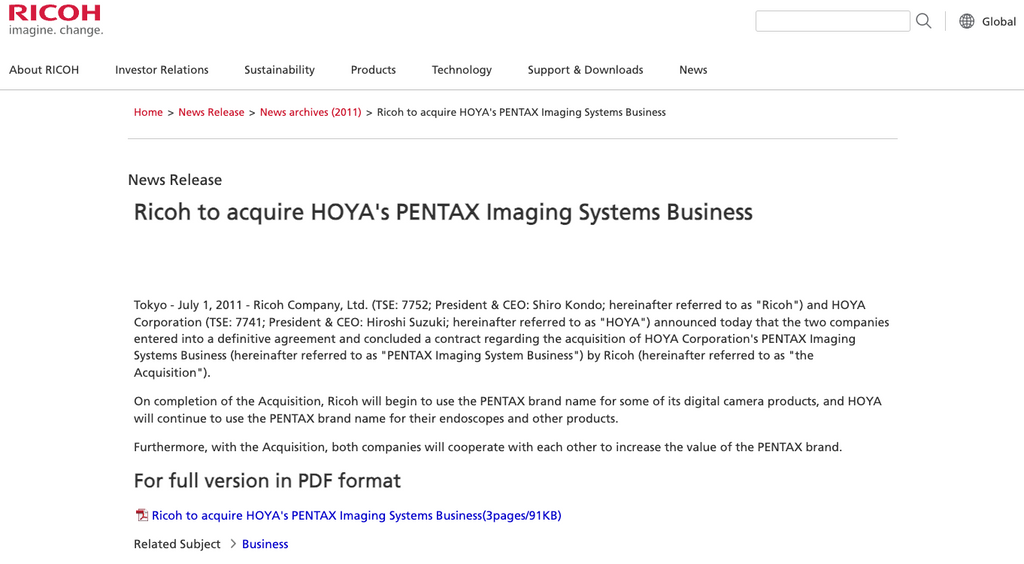 Ricoh buys Pentax