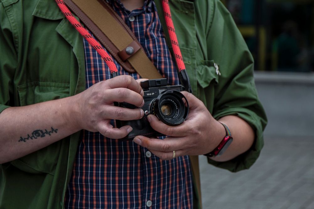 photographer holding Leica film camera