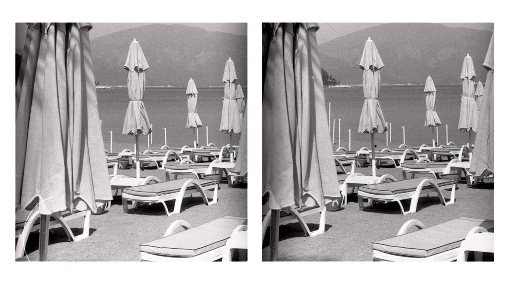 Two black-and-white photos next to one another of an empty beach with closed umbrellas and empty lounge chairs facing the sea.