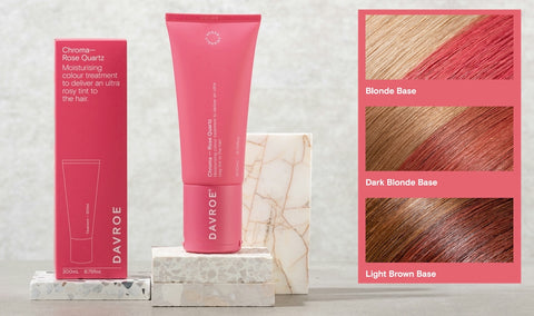 Davroe Chroma Rose Quartz Moisturising colour treatment to deliver an ultra rosy tint to the hair.  Infused with Rose extract, this Rose Quartz Chroma will create a pink-red hue on medium to light blonde hair, and a rosy tone on light to dark brown hair. Improves hair strength, while adding moisture, leaving hair nourished and revitalised.