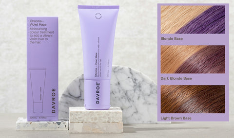 Davroe Chroma Violet Haze Moisturising colour treatment to add a vibrant violet hue to the hair.  Infused with violet extract, this Violet Haze Chroma will add a deep violet hue to light to dark brown hair, and a vibrant violet hue for light to dark blonde hair. Improves hair strength, while adding moisture, leaving hair nourished and revitalised.