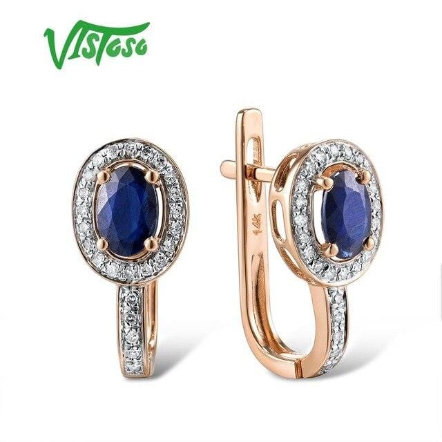 VISTOSO Gold Earrings For Women Genuine 14K 585 White/Rose Gold Sparkling Diamond Blue Sapphire Gorgeous Earrings Fine Jewelry