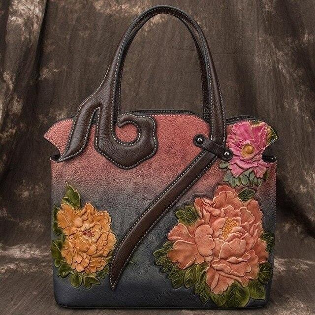 2020 Summer Retro Genuine Leather Handmade Embossing Floral Totes Shoulder Bag Ladies Cowhide Shopping Handbag Sac A Main Femme