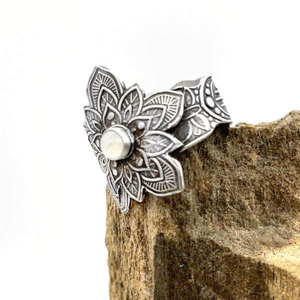 Sterling Silver Small Flower Ring with Moonstone Accent