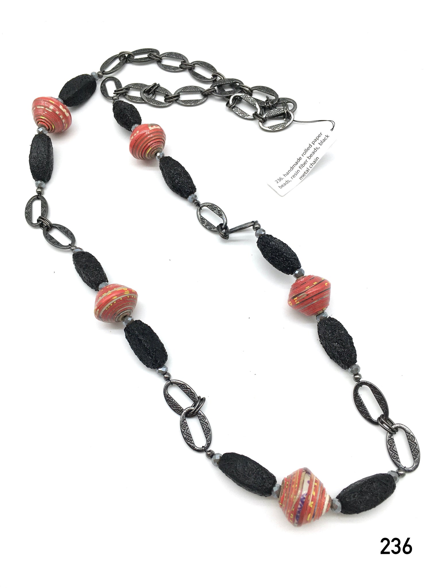 Handmade rolled paper beads, resin fiber beads, black metal chain