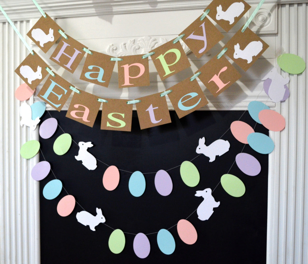 Happy Easter Banner, Rustic Easter Banner, Easter Garland, Bunny Trail