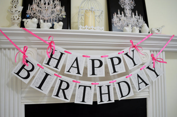 Happy Birthday Banner Pink Silver Damask Hot Pink Birthday Decorations Silver Damask Birthday Decor Birthday Party Decorations