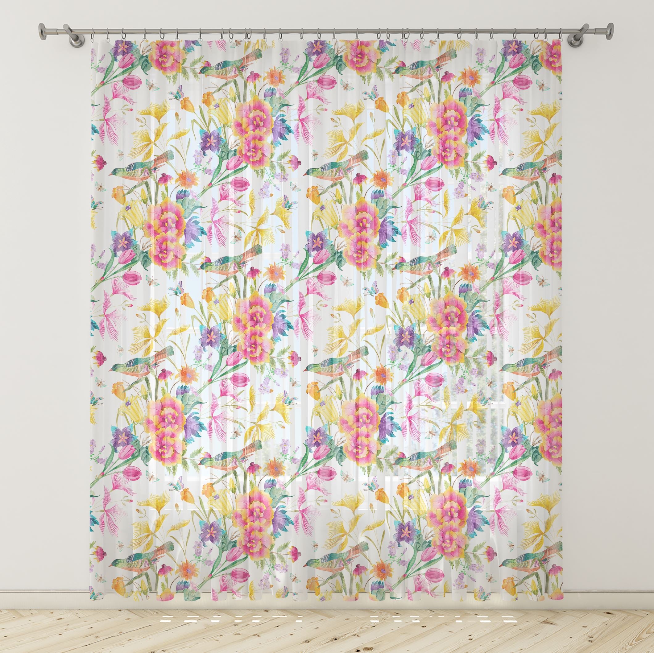 Bright Floral Birds Sheer Curtains Songbird Seven