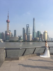 Bride to be against the Pudong skyine