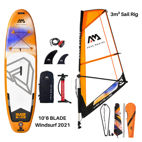 Aqua Marina 10’6″ Blade Windsurf 2021 Inflatable Paddle Board SUP + 3m² Sail Rig Package