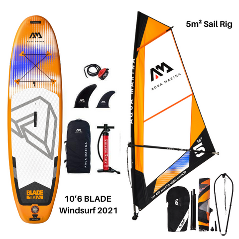 Aqua Marina 10’6″ Blade Windsurf 2021 Inflatable Paddle Board SUP + 5m² Sail Rig Package