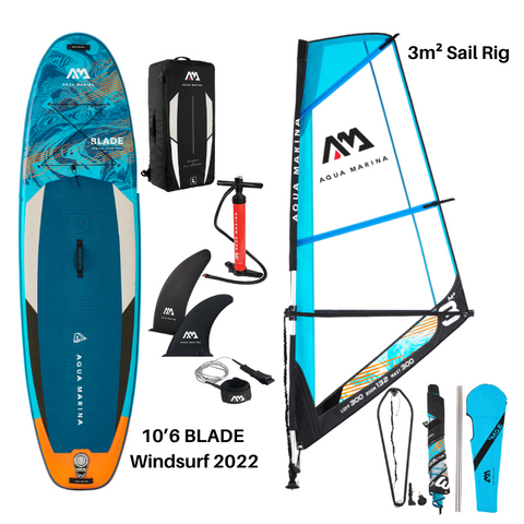 Aqua Marina 10’6″ Blade Windsurf 2022 Inflatable Paddle Board SUP + 3m² Sail Rig Package