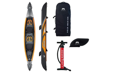 image of a drop stitch inflatable kayak with its pump and accessories