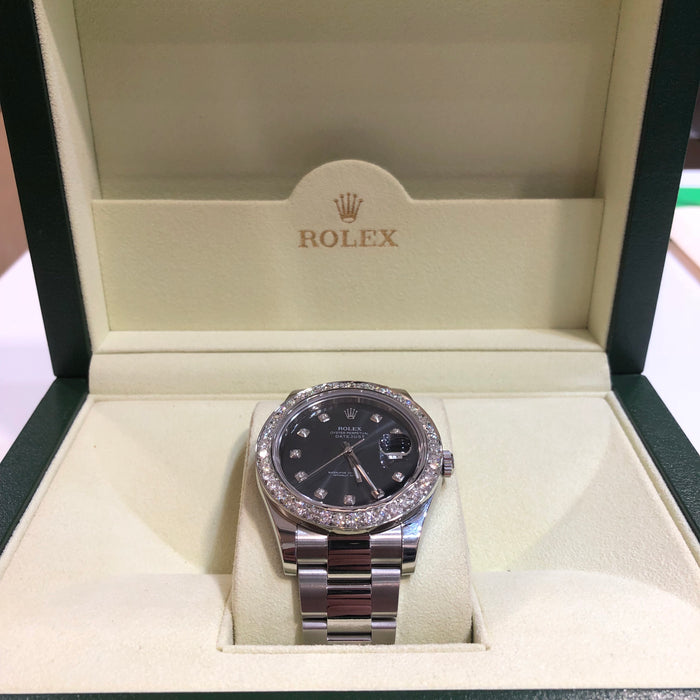 rolex oyster perpetual datejust black face with diamonds