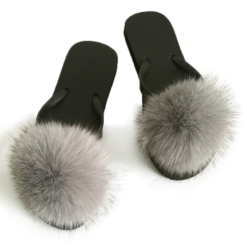 flip flops with fur pom pom